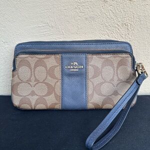 Coach Large Double Zip Signature Blue and Tan Wristlet